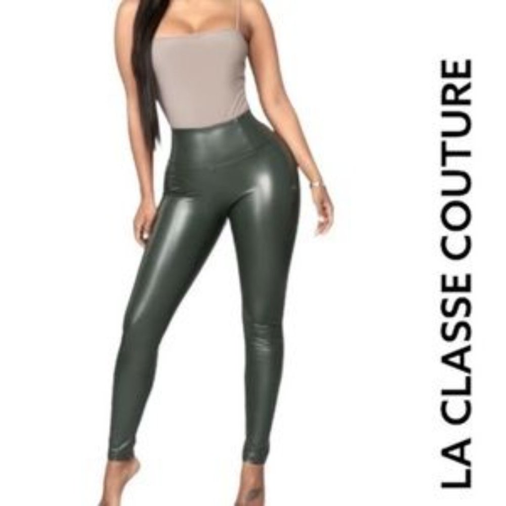 La Classe Couture Faux Leather Leggings Pants Olive/Green Size XSmall